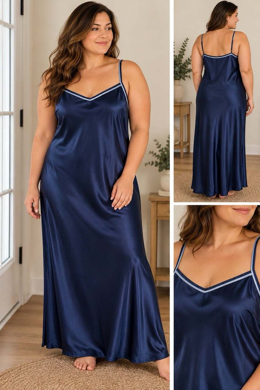 Jones New York Nightgown Womens 1X Navy Blue Satin Chemise Bias Cut Maxi